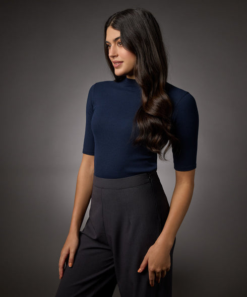 Short Sleeve High Neck Rib Top- Navy Blue