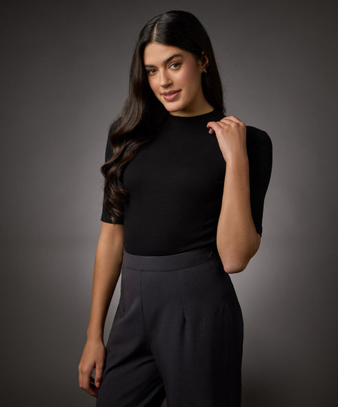 Short Sleeve High Neck Rib Top- Jet Black