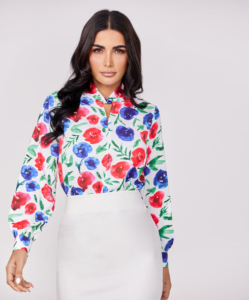 Neck Detailed Chiffon Printed Top