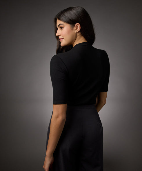 Short Sleeve High Neck Rib Top- Jet Black
