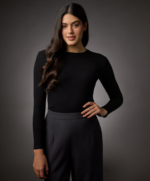 Long Sleeve Round Neck Rib Top- Jet Black
