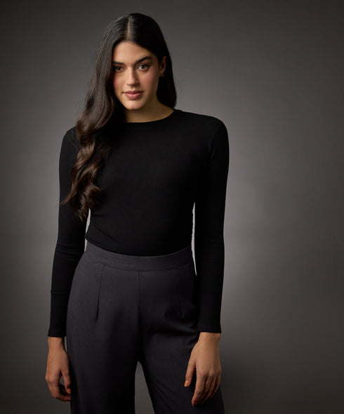 Long Sleeve Round Neck Rib Top- Jet Black