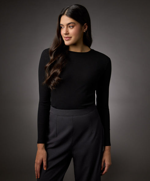 Long Sleeve Round Neck Rib Top- Jet Black