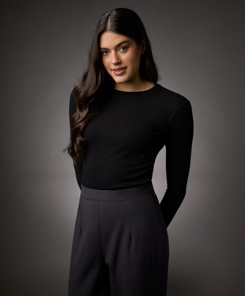Long Sleeve Round Neck Rib Top- Jet Black