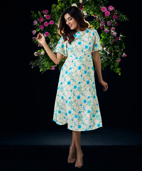 Baloon Sleeve Printed Midi Summer Dress