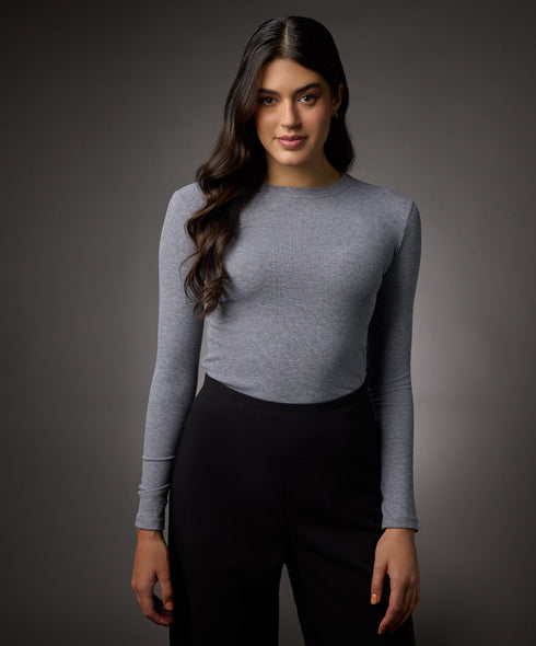 Long Sleeve Round Neck Rib Top- Light Grey