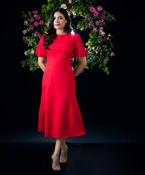 Puffed Sleeves Red Shift Dress