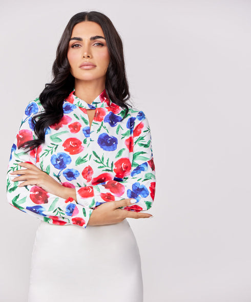 Neck Detailed Chiffon Printed Top