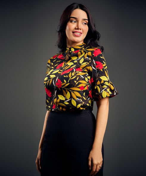 Mock-Neck Ruffle Cuff Print Top