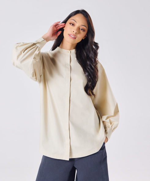 Mandarin Collar Cotton Oversized Shirt- Light Beige