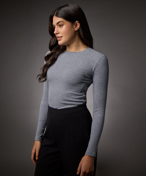 Long Sleeve Round Neck Rib Top- Light Grey