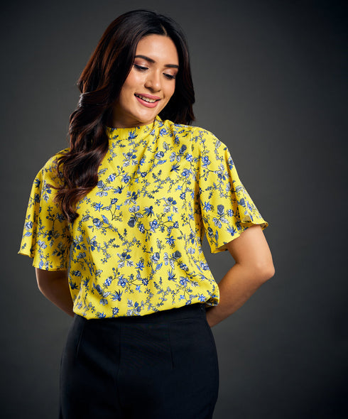 Flared Sleeve Yellow And Blue Top