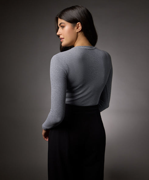 Long Sleeve Round Neck Rib Top- Light Grey