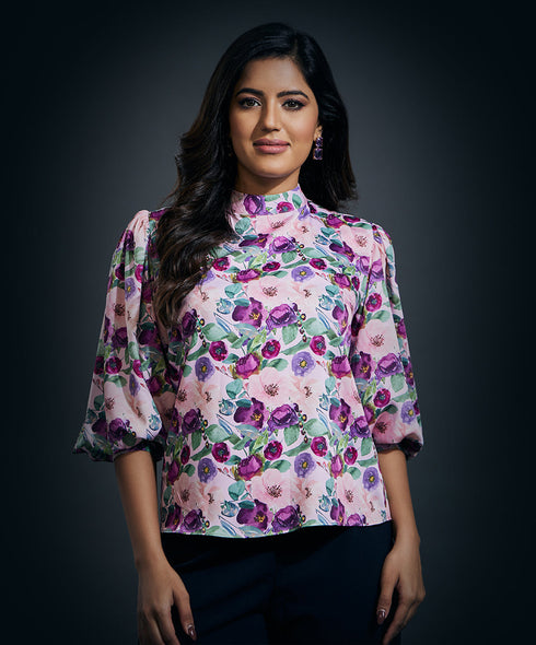 Puffed Long Sleeve Satin Top