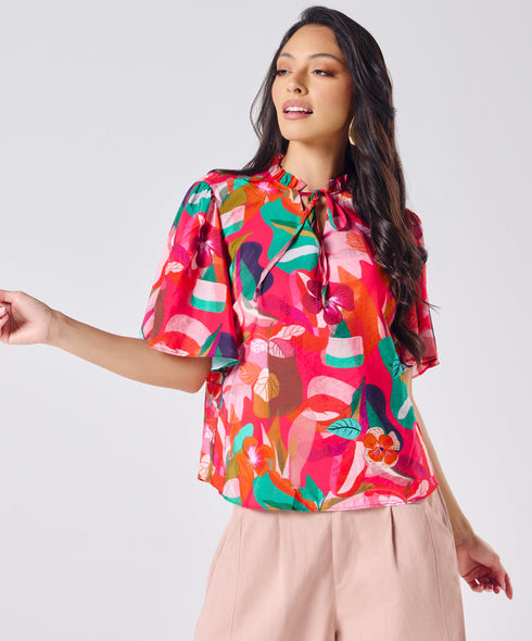 Vneck Tie Flared Sleeve Floral Top