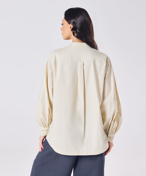 Mandarin Collar Cotton Oversized Shirt- Light Beige
