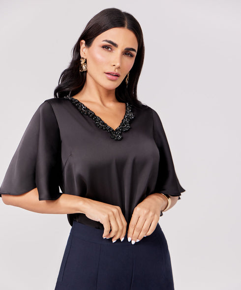 Trim Attached Long Sleeve Black Top