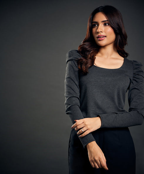 Long Sleeve Scoop Neck Grey Top