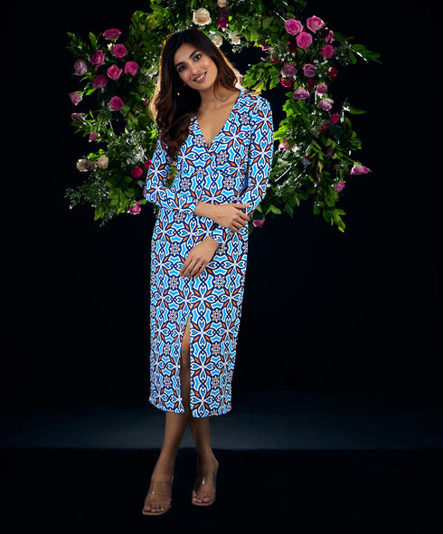 Long Sleeve Plunge Vneck Chiffon Dress