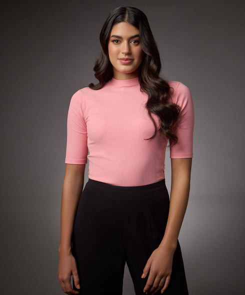 Short Sleeve High Neck Rib Top- Peach Pink