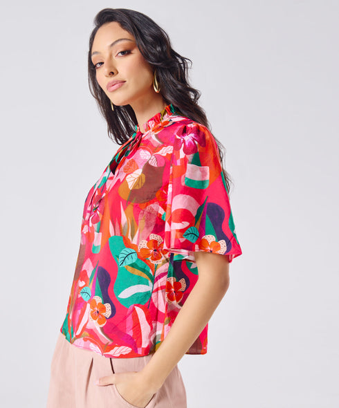 Vneck Tie Flared Sleeve Floral Top