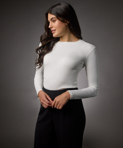 Long Sleeve Round Neck Rib Top- Off White