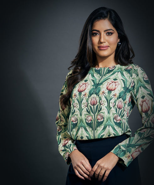 Scoop Neck Long Sleeve Printed Top