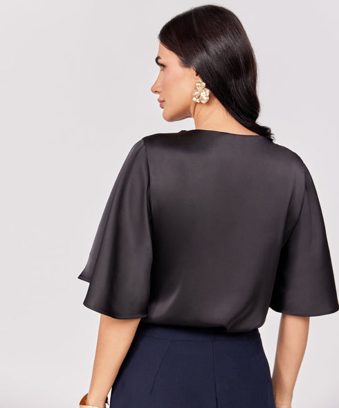 Trim Attached Long Sleeve Black Top