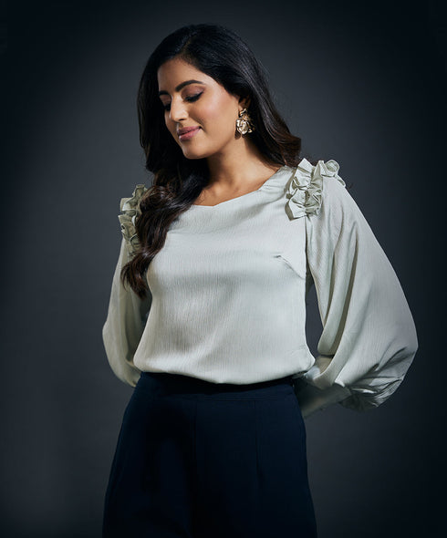 Sleeve Detailed Shoulder Frilled Long Sleeve Top-Lime