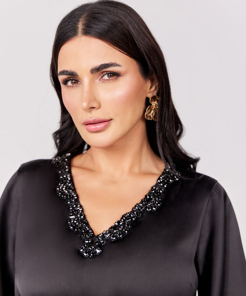 Trim Attached Long Sleeve Black Top