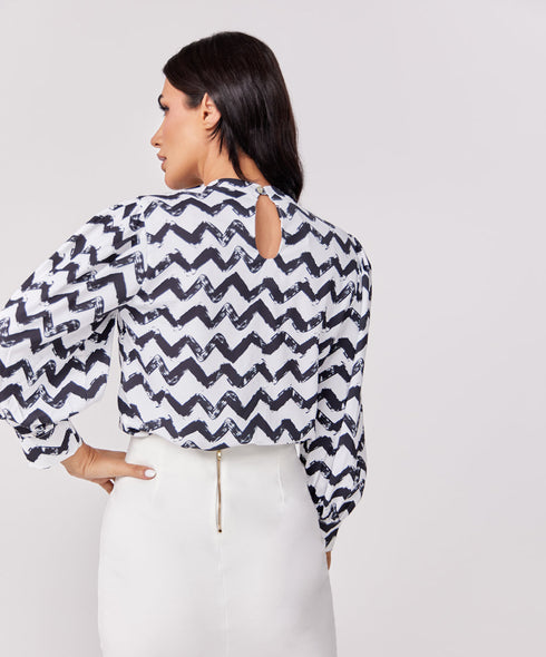 Sleeve Detailed Black & White Chiffon Top