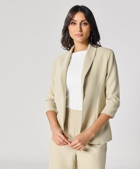 Curved Label Collared Classic Jacket- Beige