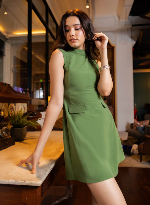 Front Panelled Mini Dress With Flaps - Green