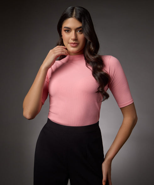 Short Sleeve High Neck Rib Top- Peach Pink