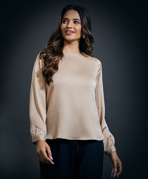 Long Sleeve Crepe Satin Top-Beige