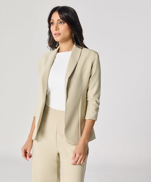 Curved Label Collared Classic Jacket- Beige