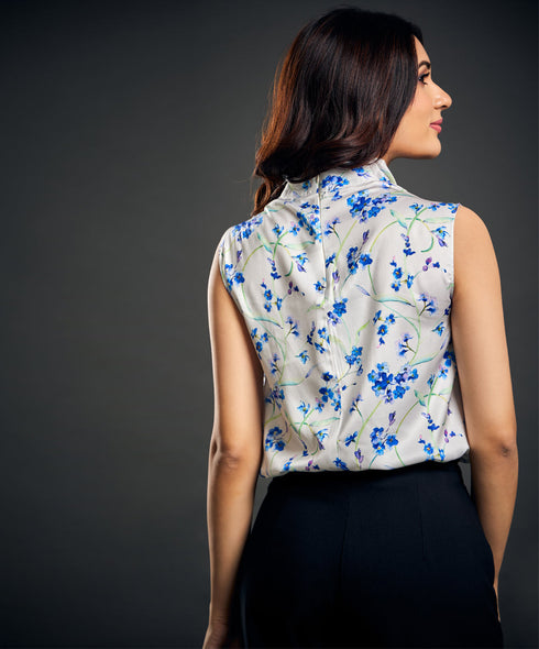 Blue Mini Floral Printed Sleeveless Top