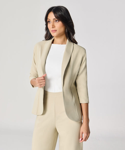 Curved Label Collared Classic Jacket- Beige