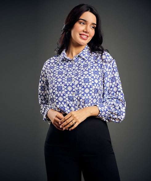 Puffed Sleeve Printed Chiffon Top