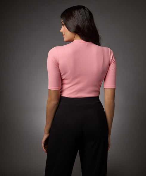 Short Sleeve High Neck Rib Top- Peach Pink