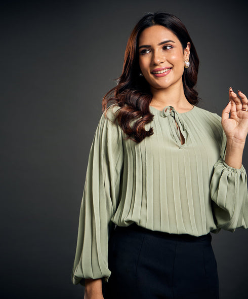 Crepe Pleated Chiffon Green Top