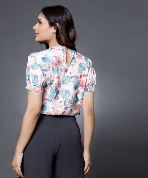 Puffy Printed Sleeve High Neck Top