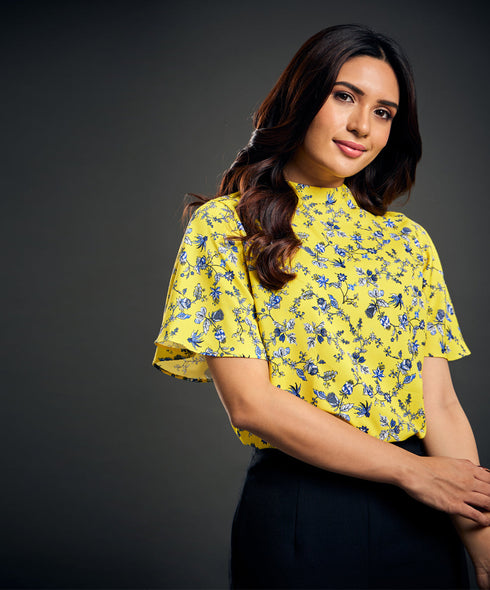 Flared Sleeve Yellow And Blue Top