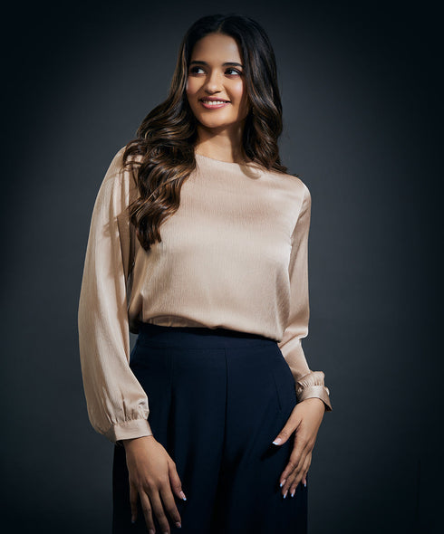Long Sleeve Crepe Satin Top-Beige