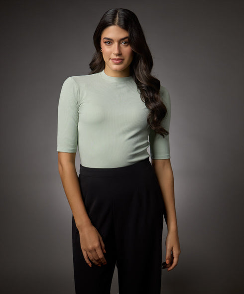 Short Sleeve High Neck Rib Top- Baby Green