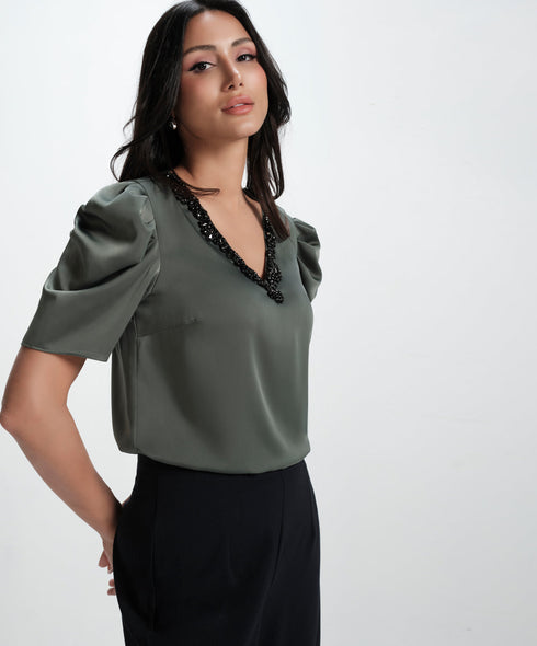 Vneck Sleeve Gathered Glamorous Satin Top-Frost Green