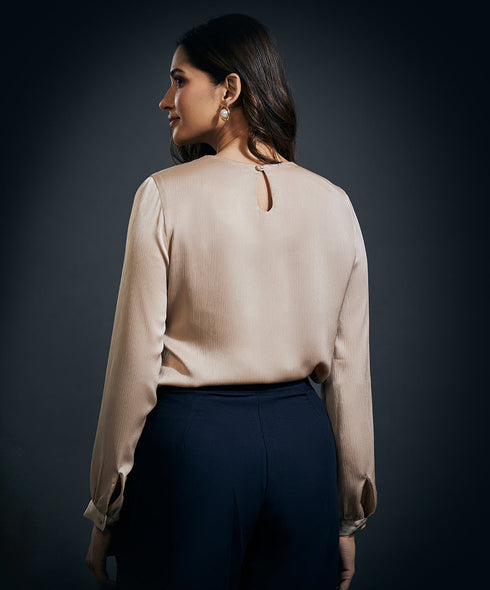 Long Sleeve Crepe Satin Top-Beige