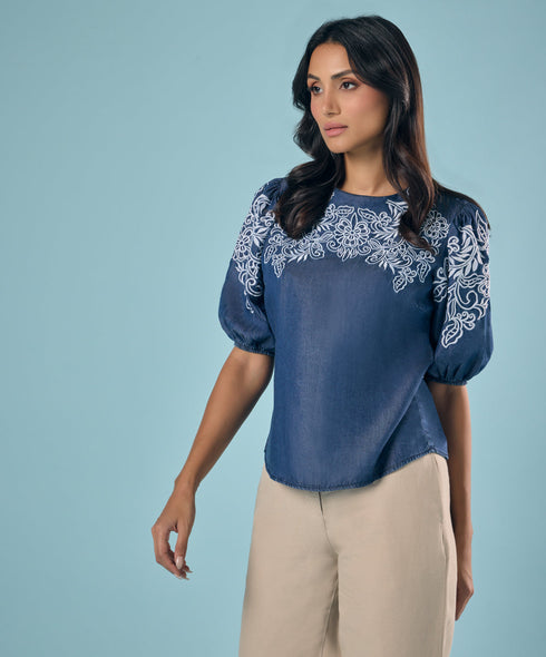 Embroidery And Cut Work Dark Blue Top