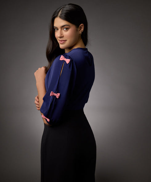 Tiny Bow Solid Chiffon Half Sleeve Top