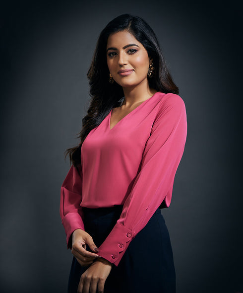 Cuff Scalloped Chiffon Top-Pink